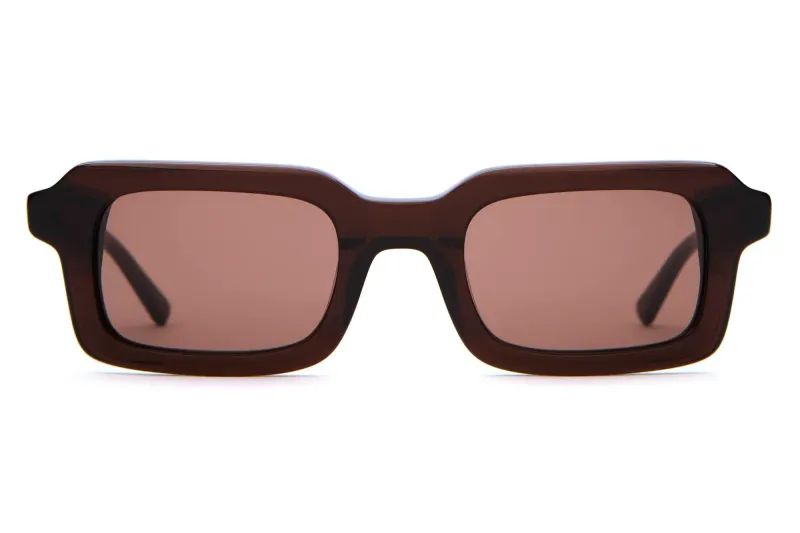 Front view of Crap Eyewear The Lucid Blur sunglasses with a thick rectangular frame and coffee-tinted lenses.