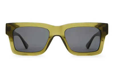 Front view of Crap Eyewear The Speedway sunglasses with a rectangular silhouette and crystal seaweed frame.