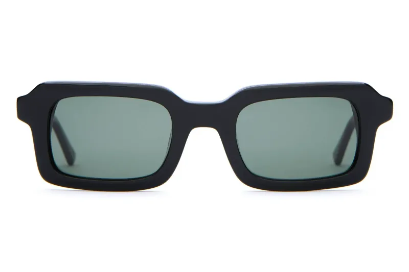 Front view of Crap Eyewear The Lucid Blur sunglasses with a thick rectangular black frame and polarized G15 lenses.