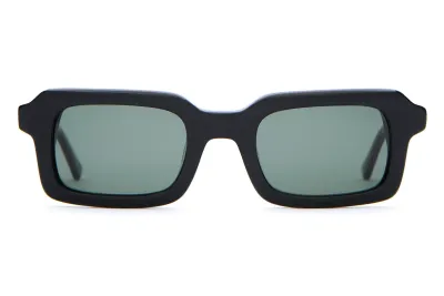 Front view of Crap Eyewear The Lucid Blur sunglasses with a thick rectangular black frame and polarized G15 lenses.