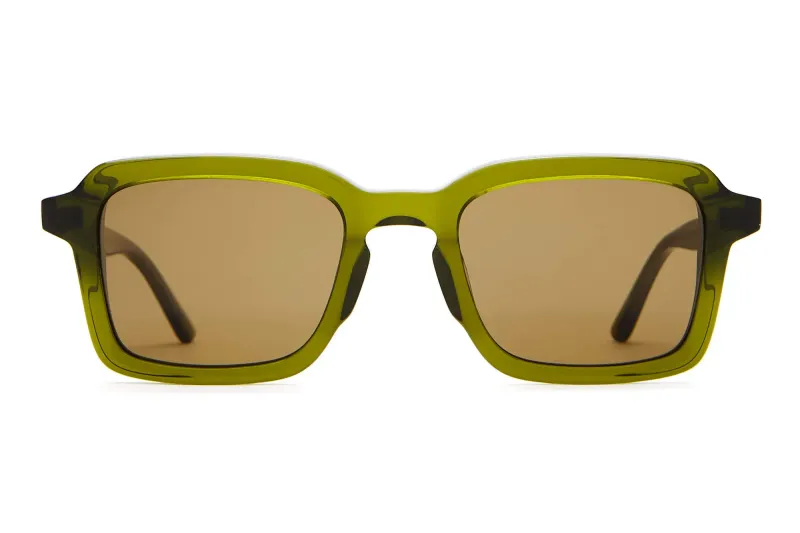 Front view of Crap Eyewear The Heavy Tropix square aviator sunglasses in crystal olive with bronze lenses.