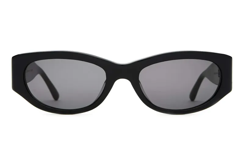 Front view of Crap Eyewear The Funk Punk wraparound sunglasses in black with grey lenses.