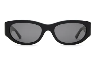 Front view of Crap Eyewear The Funk Punk wraparound sunglasses in black with polarized grey lenses.