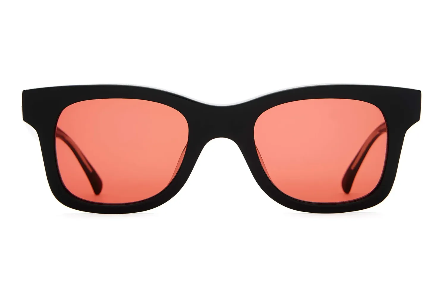 Front view of The Suntan Underground sunglasses featuring a classic square black frame and deep rose lenses.