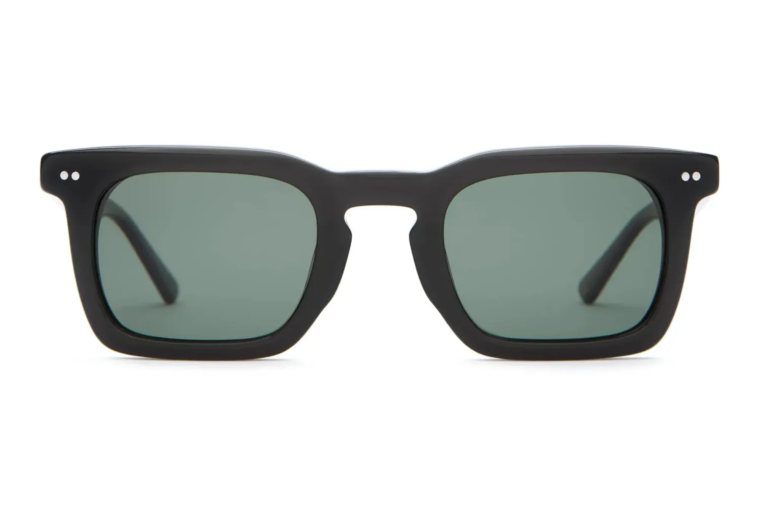 Front view of Crap Eyewear The Radio Haze sunglasses with a square keyhole silhouette and green-tinted polarized lenses.