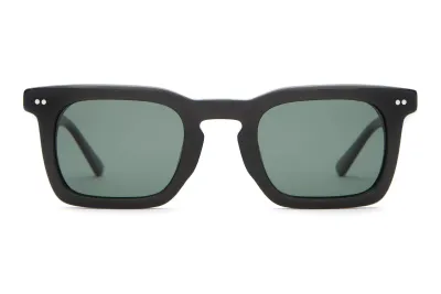 Front view of Crap Eyewear The Radio Haze sunglasses with a square keyhole silhouette and green-tinted polarized lenses.