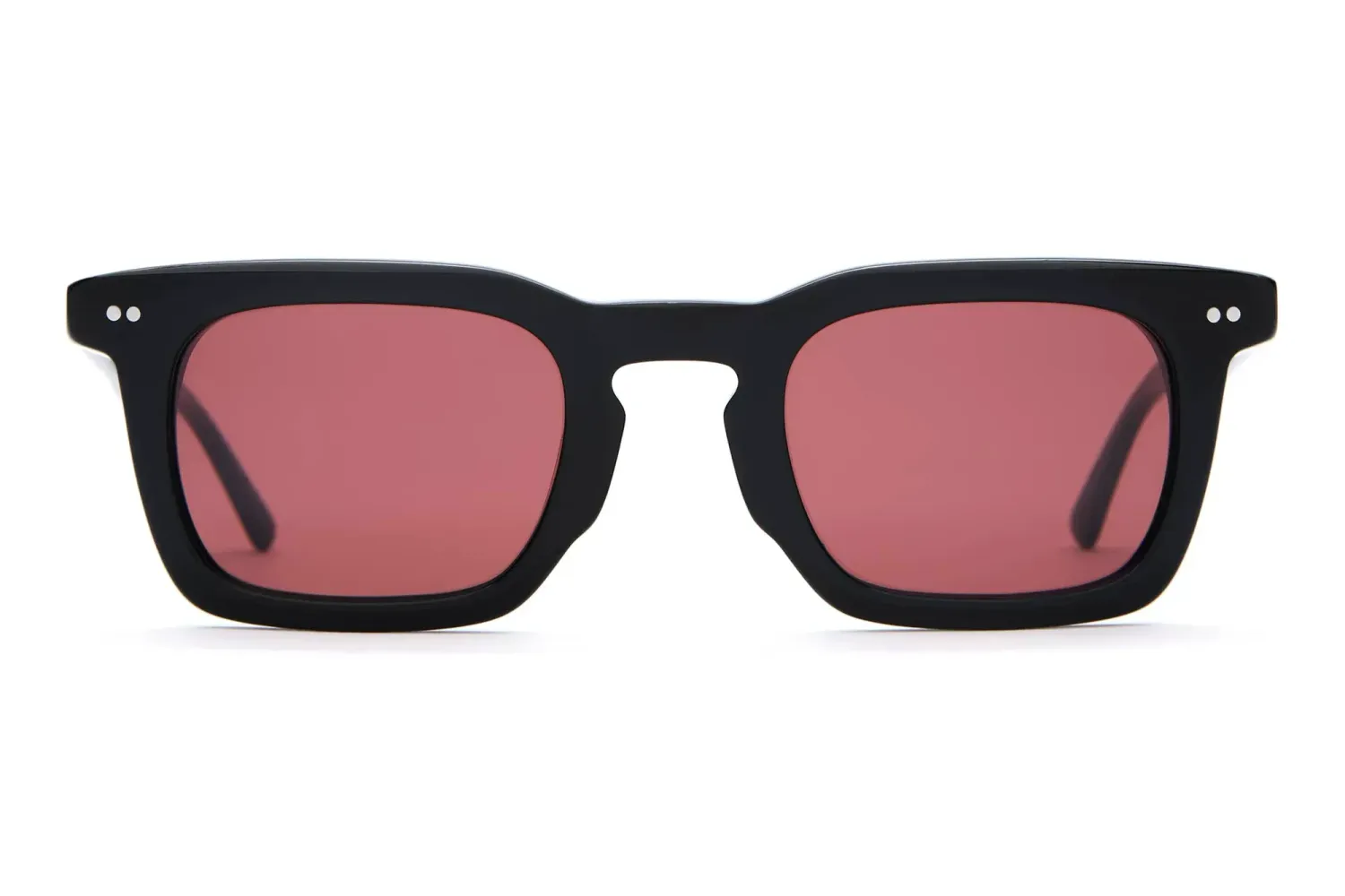 Front view of Crap Eyewear The Radio Haze sunglasses with a square keyhole silhouette and red-tinted lenses.