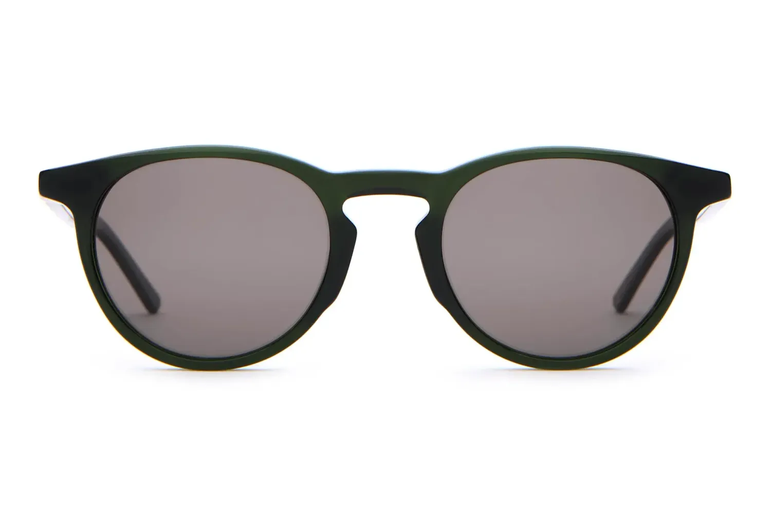 Front view of Crap Eyewear The Stereo Cult sunglasses with a rounded keyhole silhouette and smoke grey polarized lenses.