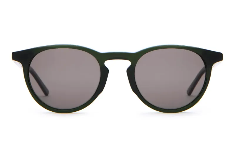 Front view of Crap Eyewear The Stereo Cult sunglasses with a rounded keyhole silhouette and smoke grey polarized lenses.