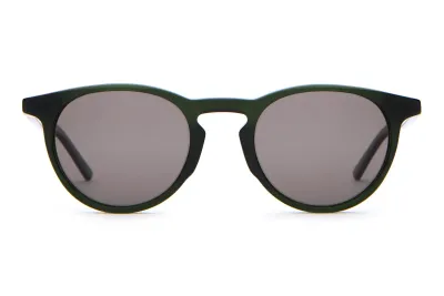 Front view of Crap Eyewear The Stereo Cult sunglasses with a rounded keyhole silhouette and smoke grey polarized lenses.