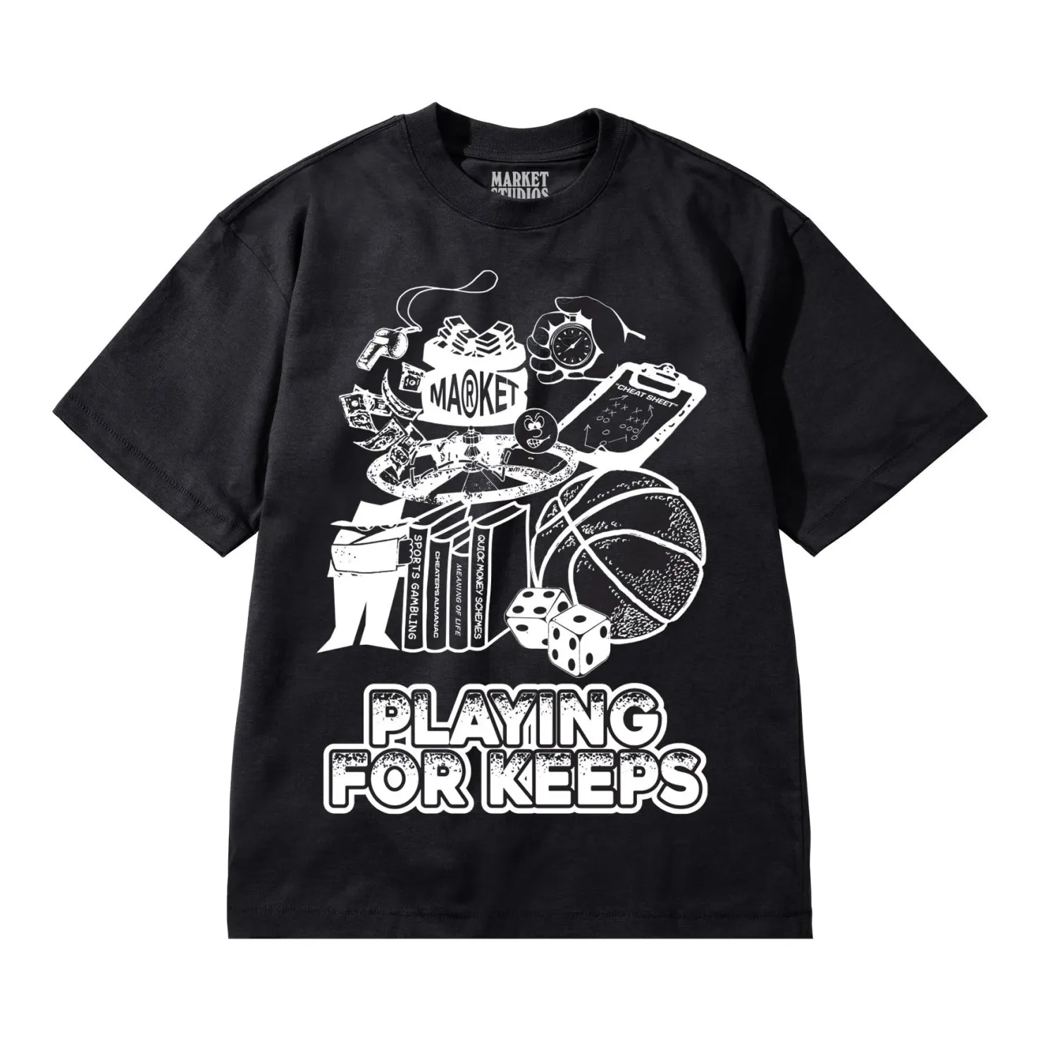 Close-up graphic artwork featuring basketball, dice, cash, and “Playing For Keeps” text