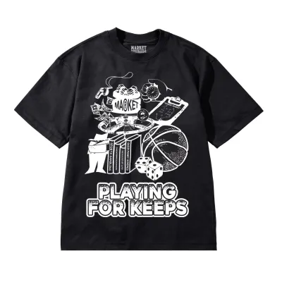 Close-up graphic artwork featuring basketball, dice, cash, and “Playing For Keeps” text