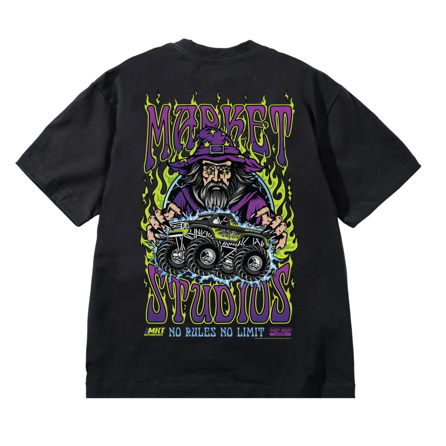 Back graphic of Market No Rules No Limits Tee featuring wizard and monster truck artwork