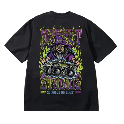 Back graphic of Market No Rules No Limits Tee featuring wizard and monster truck artwork