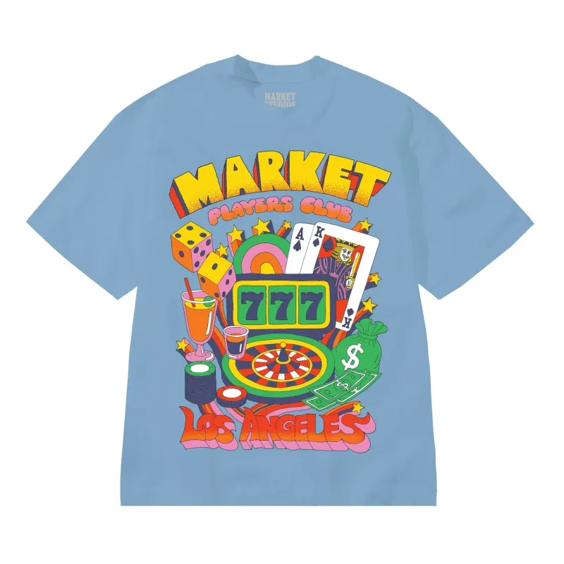 Front view of Market Players Club Tee in Pebble Blue with colorful casino-inspired graphic