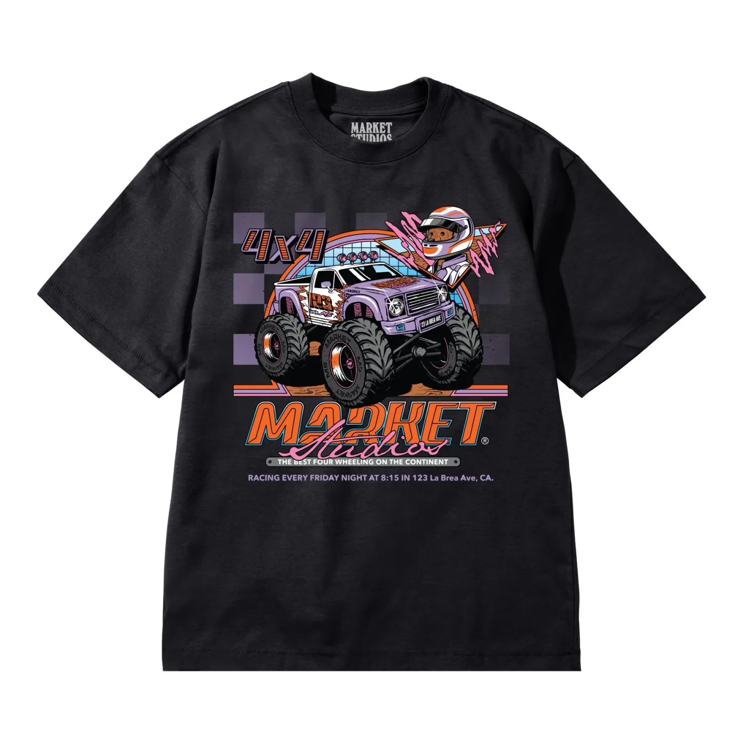 Front view of Market Monster Truck Rally Tee in Black with oversized racing-inspired graphic