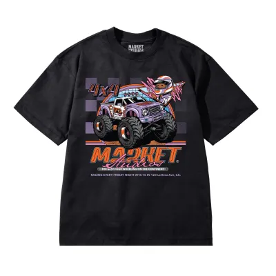 Front view of Market Monster Truck Rally Tee in Black with oversized racing-inspired graphic