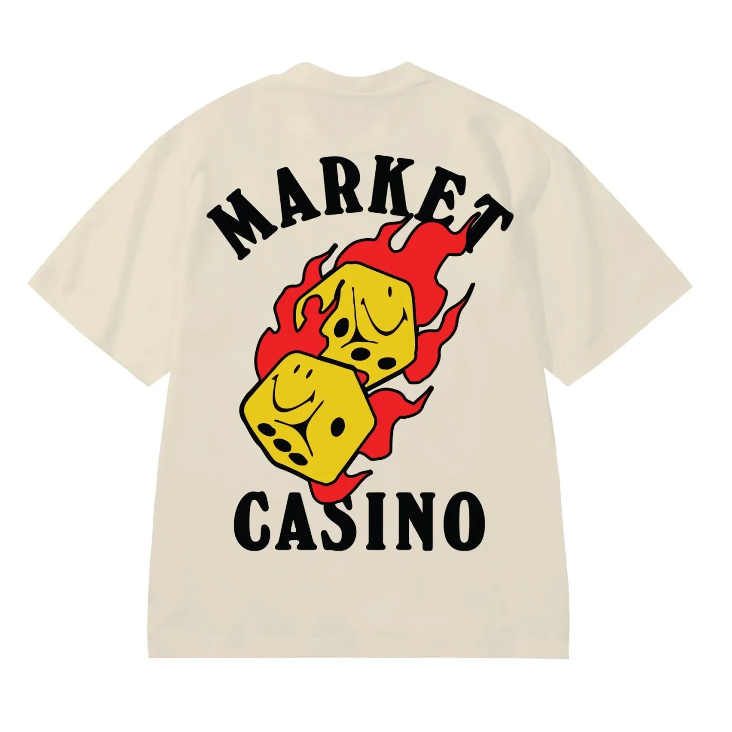 Back view of Market Flaming Dice Tee featuring oversized flaming dice artwork and Market Casino text