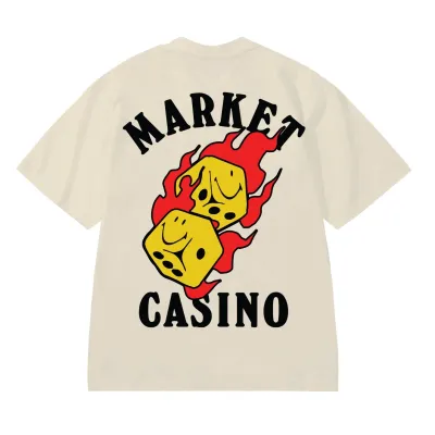 Back view of Market Flaming Dice Tee featuring oversized flaming dice artwork and Market Casino text