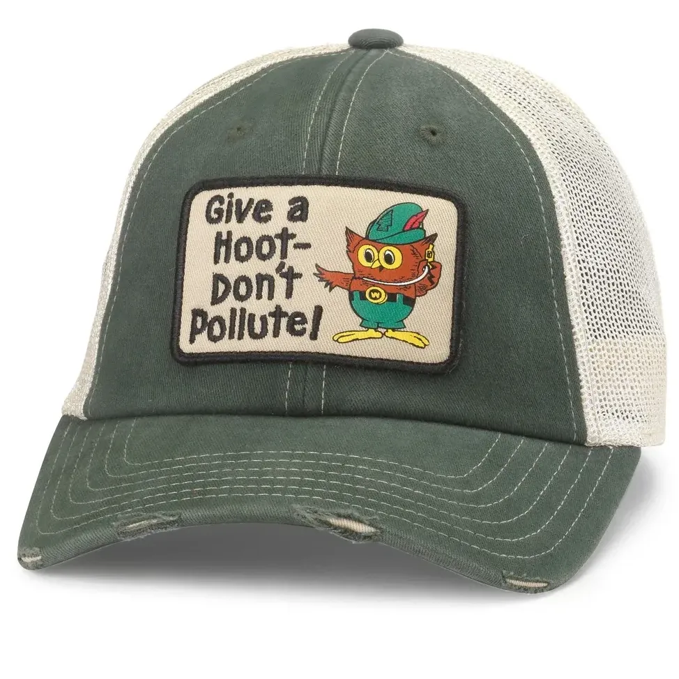 Front view of American Needle Woodsy Owl Orville trucker hat in stone green with vintage Woodsy Owl patch