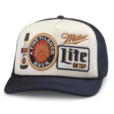 Front view of American Needle Miller Lite Roscoe Foamy trucker hat with embroidered beer logos and navy brim