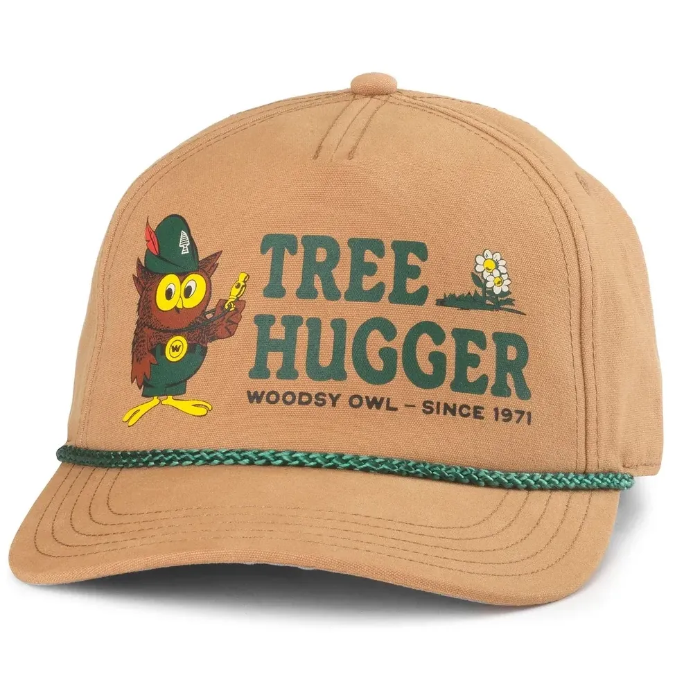 Front view of American Needle Woodsy Owl Canvas Cappy hat in wheat with Tree Hugger graphic and rope detail