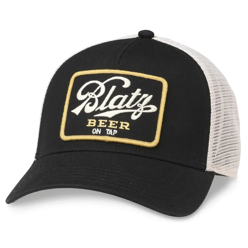 Front angled view of American Needle Blatz Valin trucker hat in black and ivory with embroidered beer patch