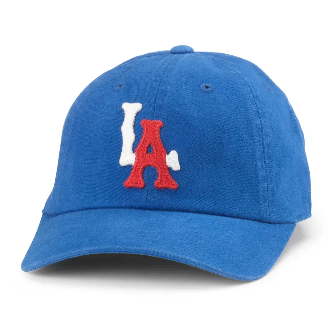 Front view of American Needle Los Angeles Archive hat in royal with raised embroidered LA logo