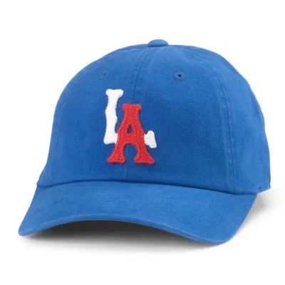 Front view of American Needle Los Angeles Archive hat in royal with raised embroidered LA logo