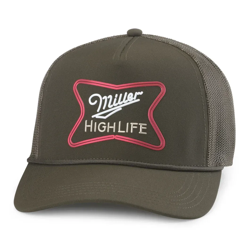 Front view of Miller High Life Fremont trucker hat in dark emerald with raised TPU logo and tonal rope detail