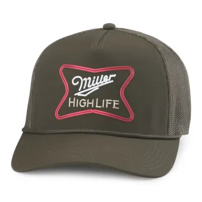 Front view of Miller High Life Fremont trucker hat in dark emerald with raised TPU logo and tonal rope detail