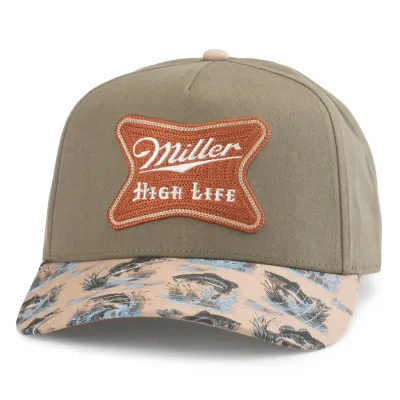 Front view of Miller High Life Buckhorn hat in army green with embroidered patch and fishing print visor