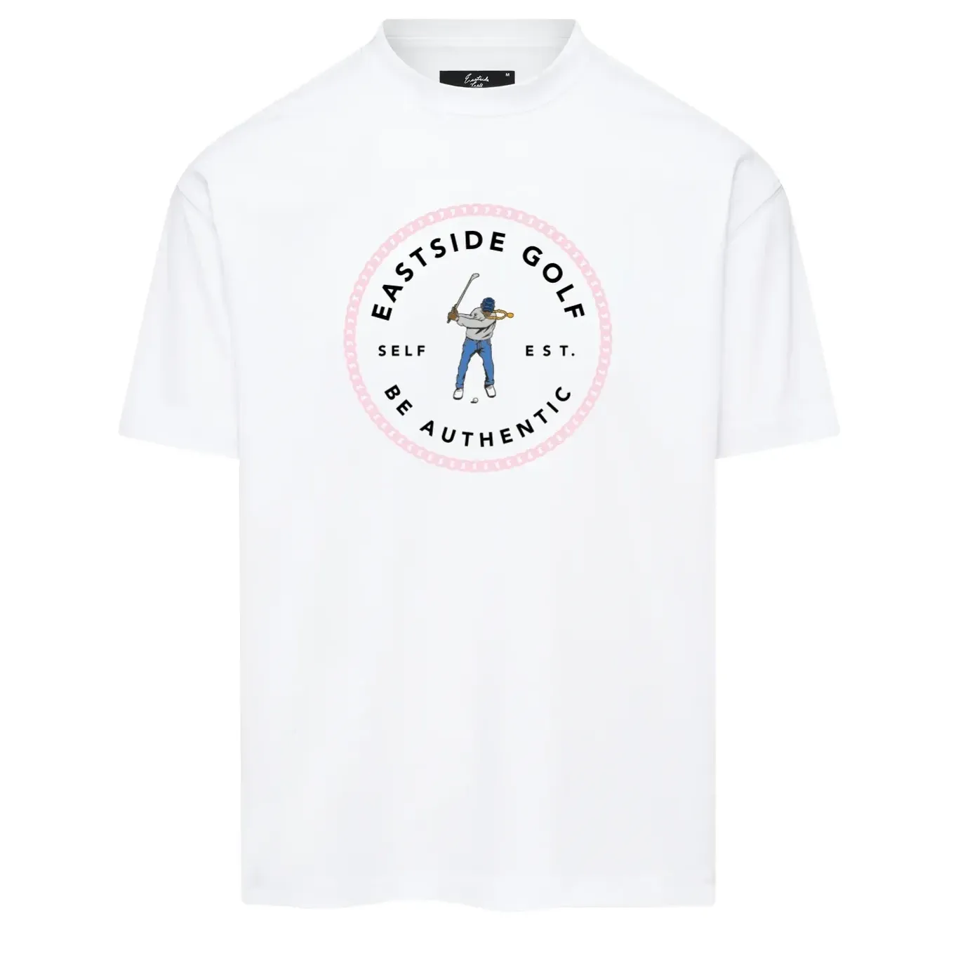 Front view of Eastside Golf Pro Series Tee featuring circular Swingman chest graphic
