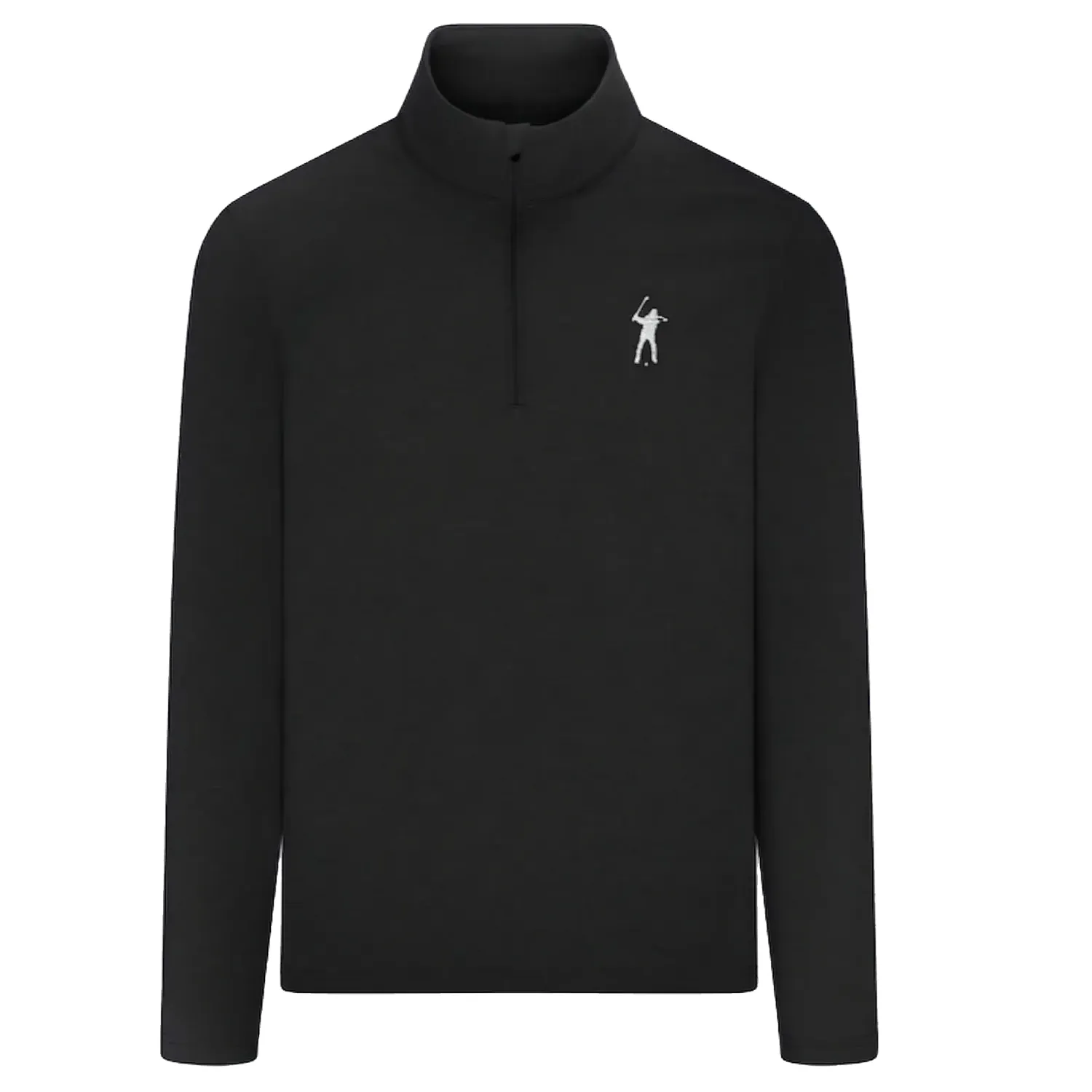 Front view of Eastside Golf Signature 1/4 Zip in black with embroidered Swingman logo