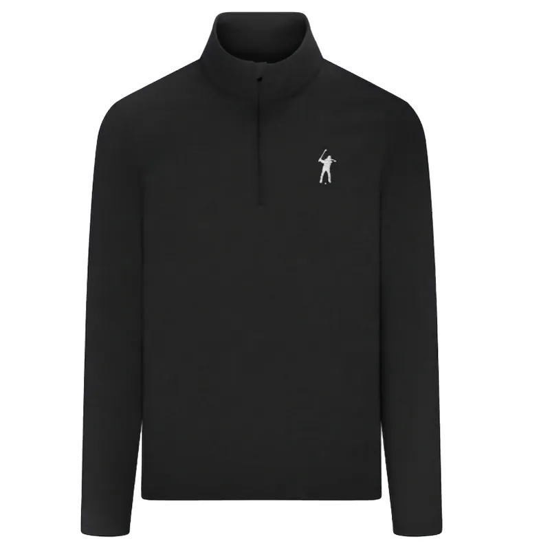 Front view of Eastside Golf Signature 1/4 Zip in black with embroidered Swingman logo