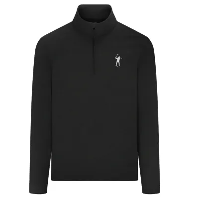 Front view of Eastside Golf Signature 1/4 Zip in black with embroidered Swingman logo