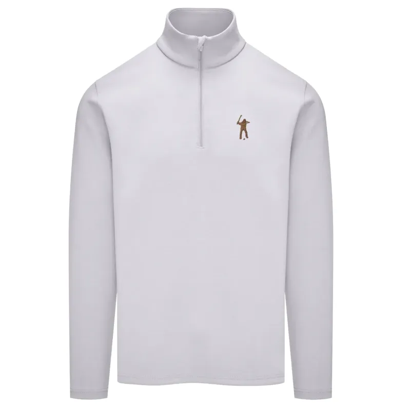 Front view of Eastside Golf Signature 1/4 Zip in opal grey with embroidered Swingman logo
