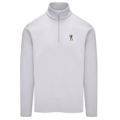 Front view of Eastside Golf Signature 1/4 Zip in opal grey with embroidered Swingman logo