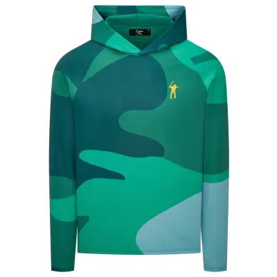 Front view of Eastside Golf Signature Hoodie in verde with abstract camo-inspired print and embroidered Swingman logo