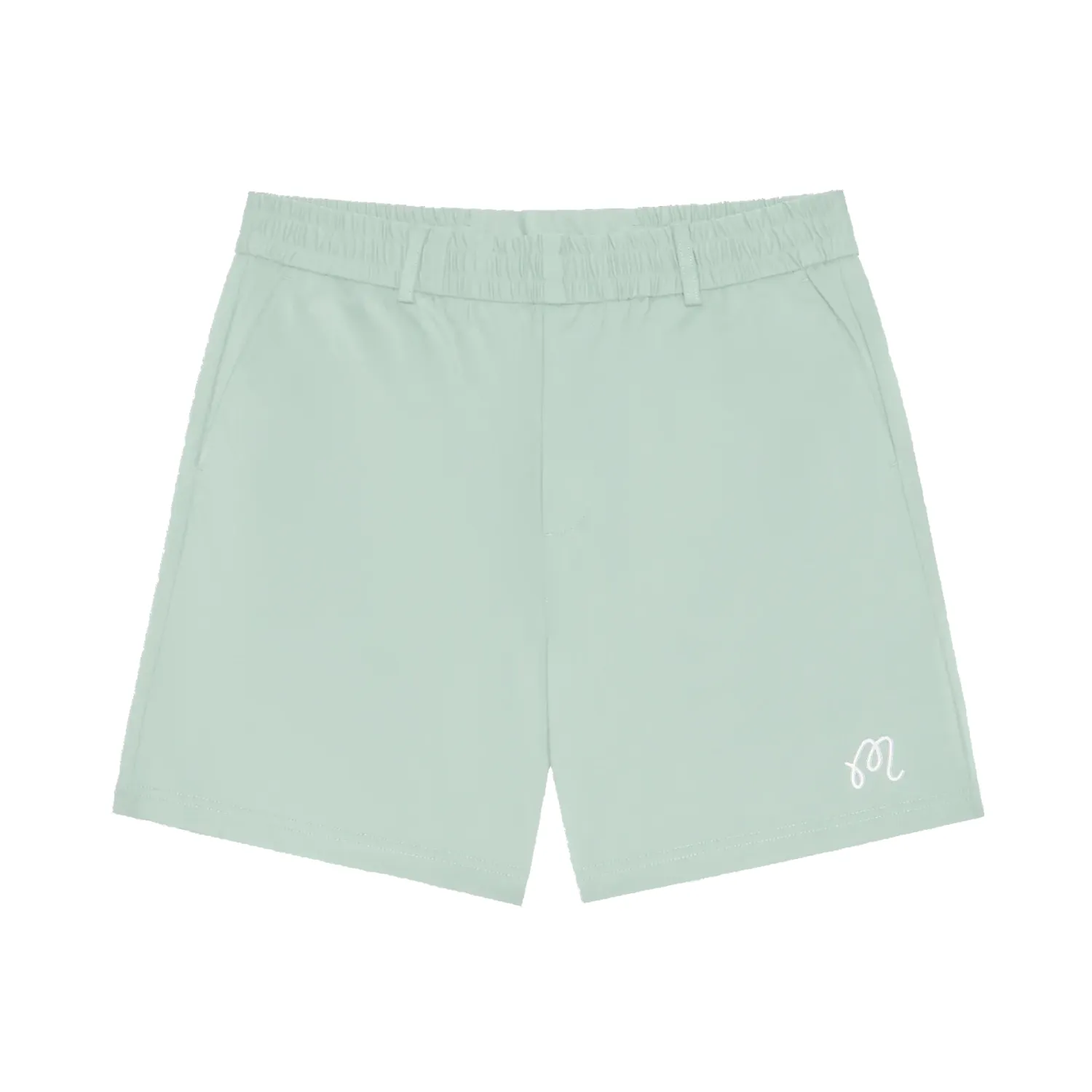 Front flat lay of Malbon Golf Scooter Coolcore shorts in surf spray with embroidered logo detail