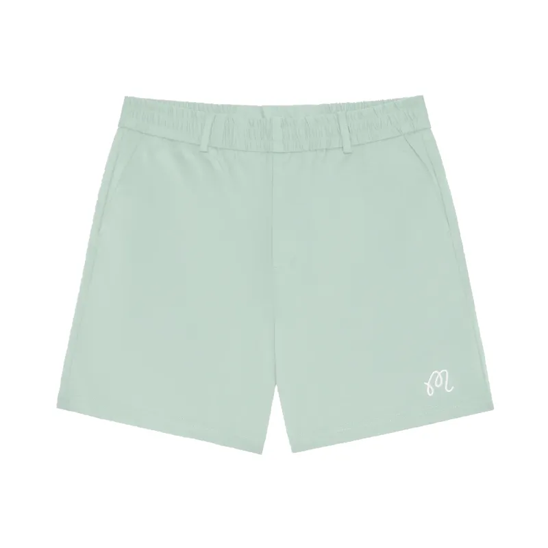 Front flat lay of Malbon Golf Scooter Coolcore shorts in surf spray with embroidered logo detail