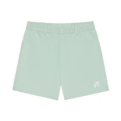 Front flat lay of Malbon Golf Scooter Coolcore shorts in surf spray with embroidered logo detail