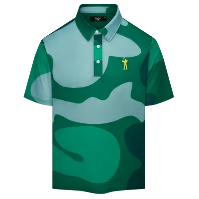 Front view of Eastside Golf Signature Polo in verde with abstract graphic print and embroidered Swingman logo