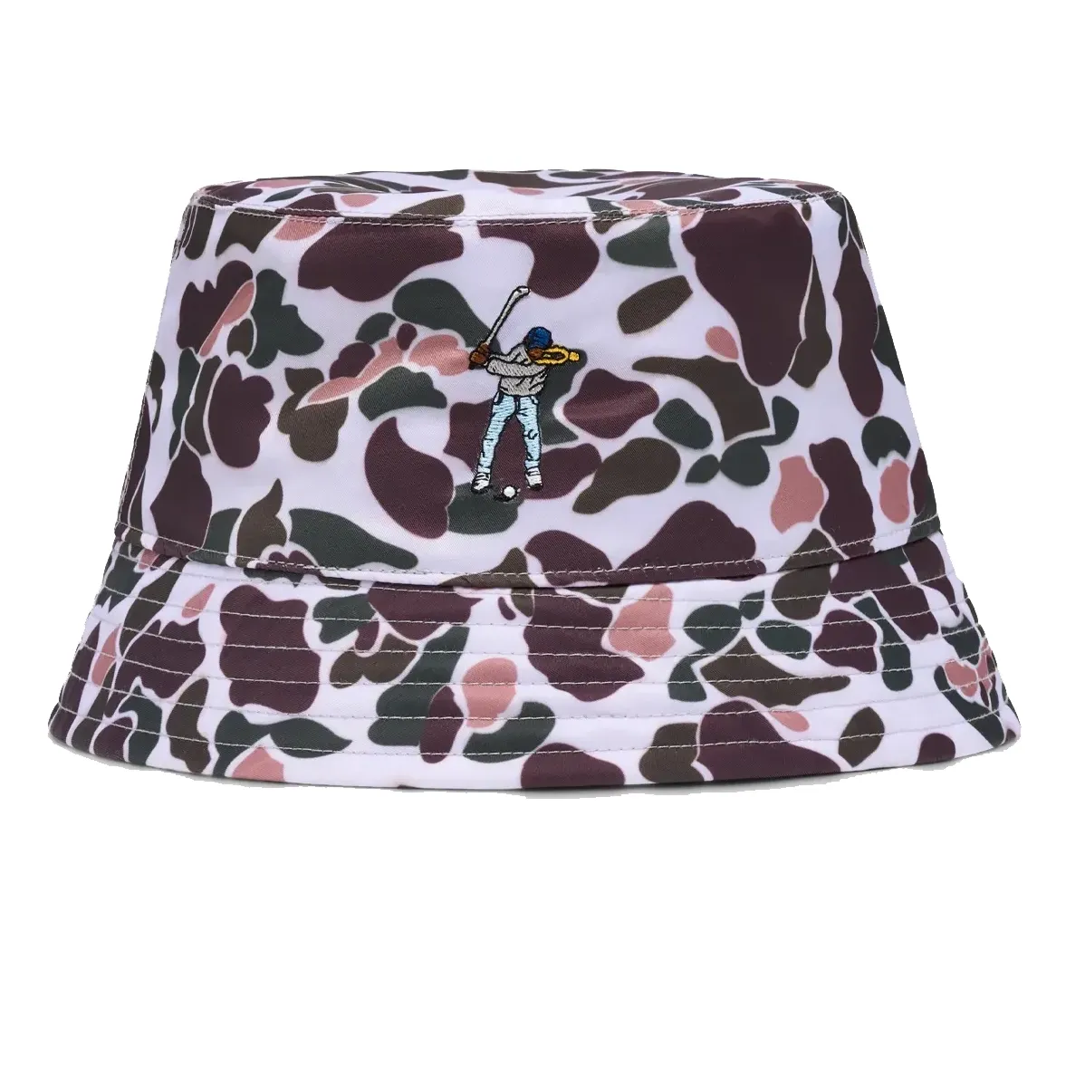Front angle view of Eastside Golf Bucket Hat featuring Birdie Camo pattern and Swingman embroidery