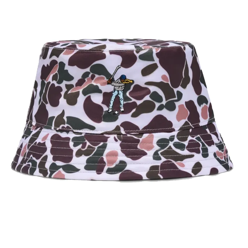 Front angle view of Eastside Golf Bucket Hat featuring Birdie Camo pattern and Swingman embroidery
