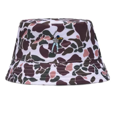 Front angle view of Eastside Golf Bucket Hat featuring Birdie Camo pattern and Swingman embroidery