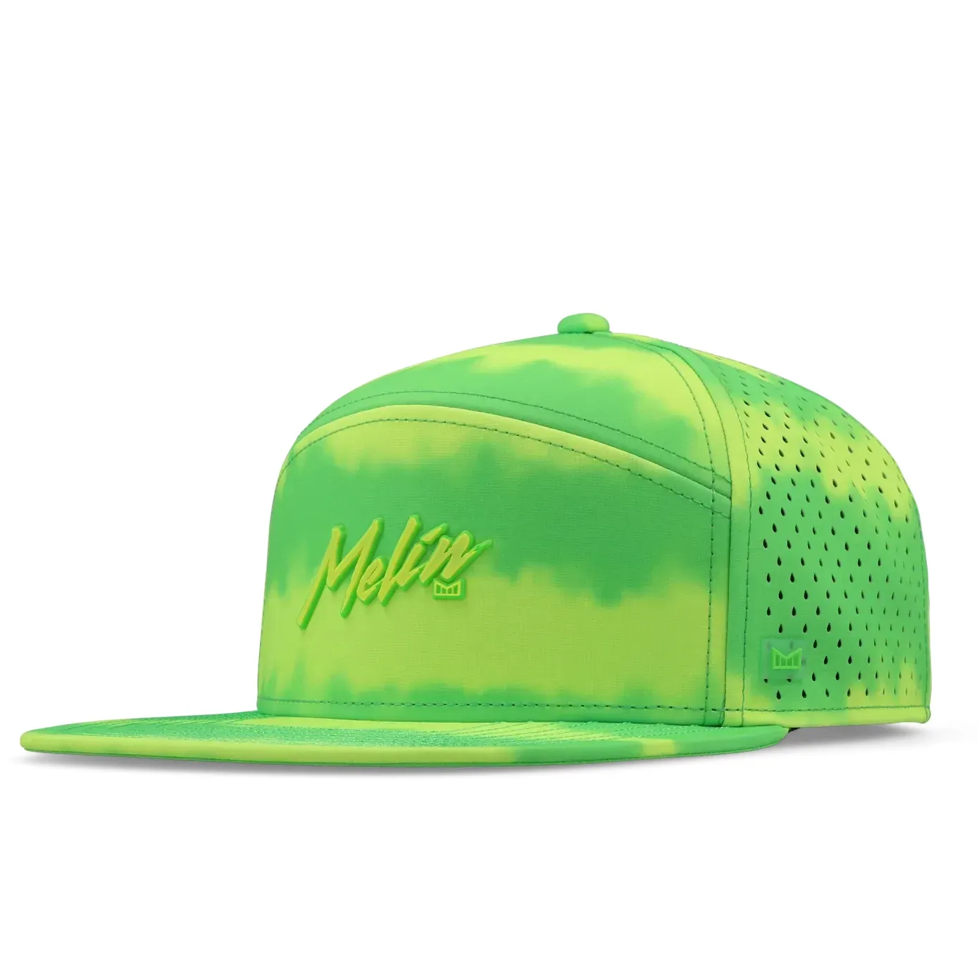 Melin Trenches Neon Tie Dye Hydro snapback hat in slime green angled front view