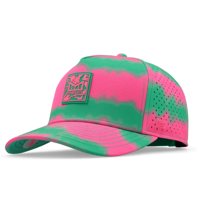 Melin Odysea Hydro snapback hat in neon pink tie dye side angle view