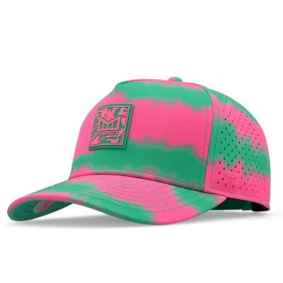 Melin Odysea Hydro snapback hat in neon pink tie dye side angle view