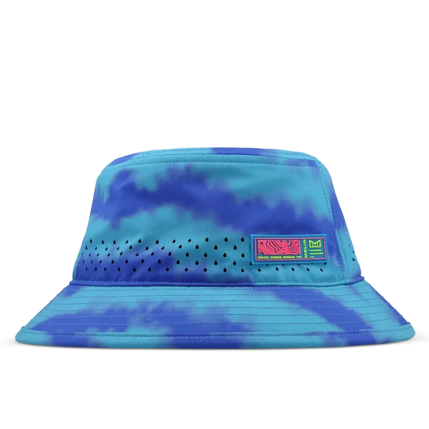 Melin Caddy Neon Tie Dye Hydro bucket hat in electric blue front angled view